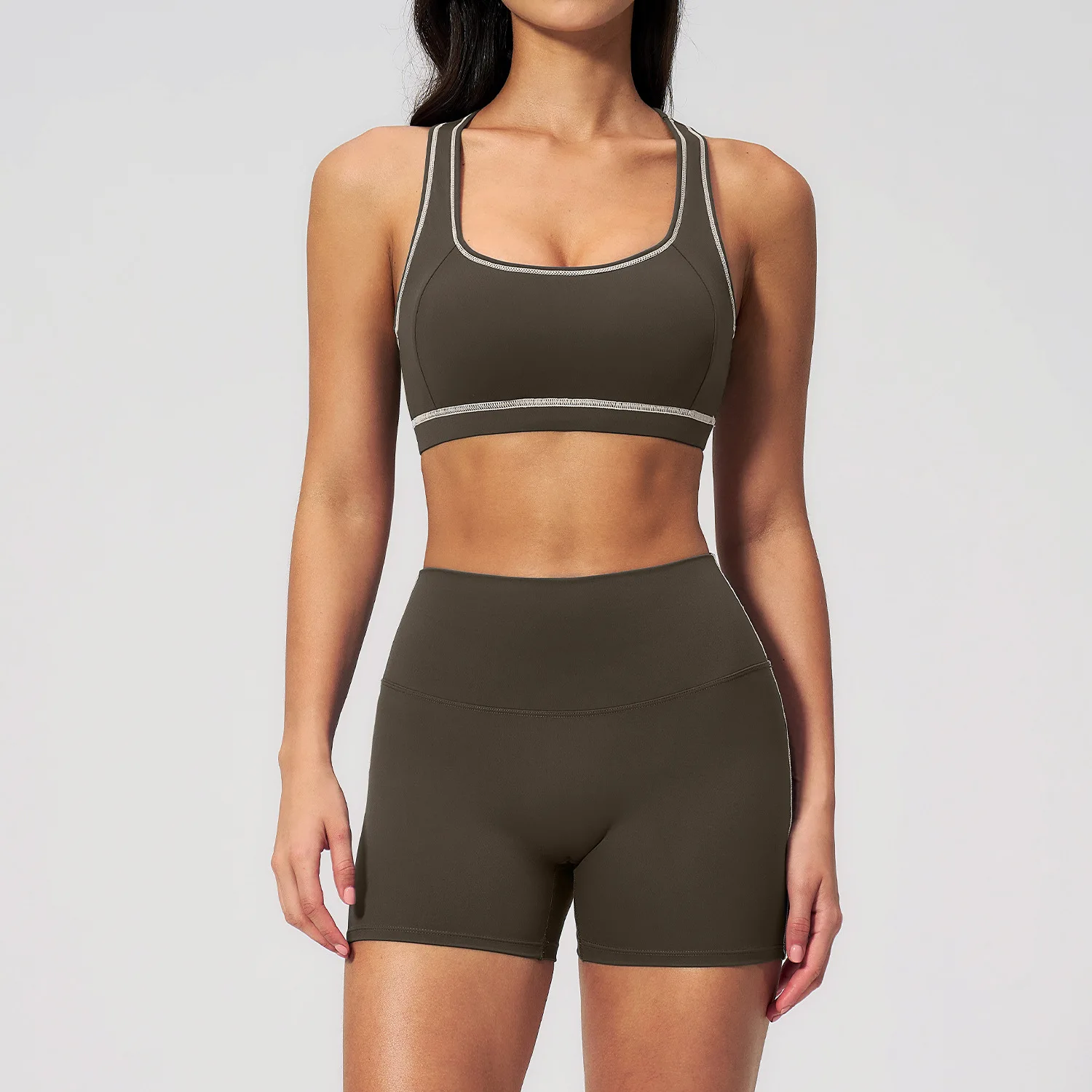 

Women's 2 PCS Gym Suits Striped Trim Workout Outfits Racerback Sports Bra High Waist Biker Shorts Athletic Yoga Fitness Sets