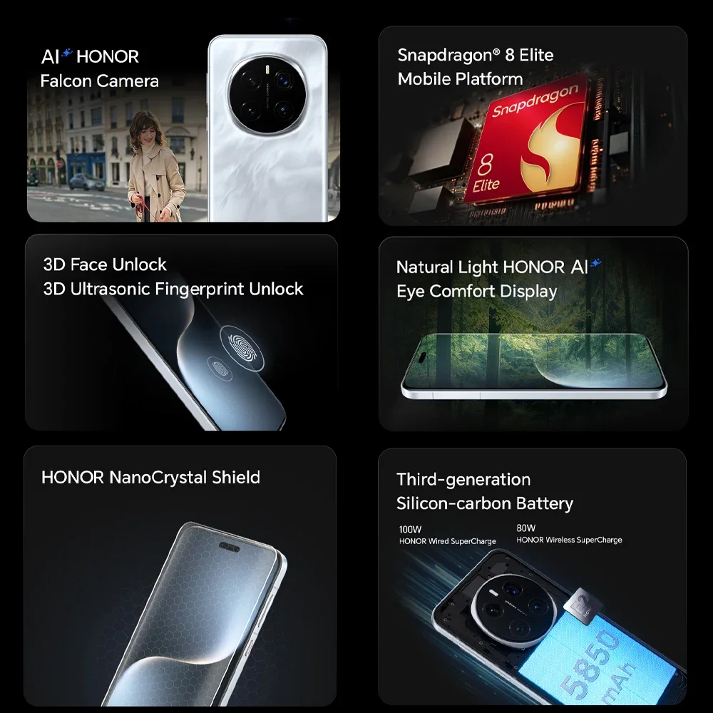 الإصدار العالمي للهاتف الذكي HONOR Magic7 Pro 5G بشاشة 6.8 بوصة 120 هرتز OLED شاشة Snapdragon 8 Elite 100 وات SuperCharge Magic 7 Pro