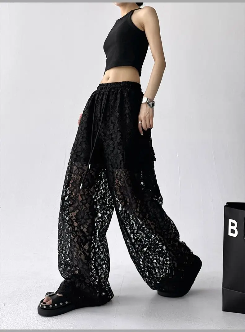2026 Black Casual Pants Women's Summer Versatile Design Sense Splicing Hollow Lace Premium Sense Straight Wide Leg Pants