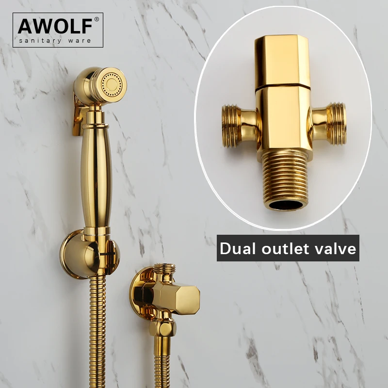 Awolf Titanium Gold Handheld Toilet Bidet Sprayer Solid Brass High Pressure Hygienic Shower Head Shattaf Set Bidet Faucet AP2107