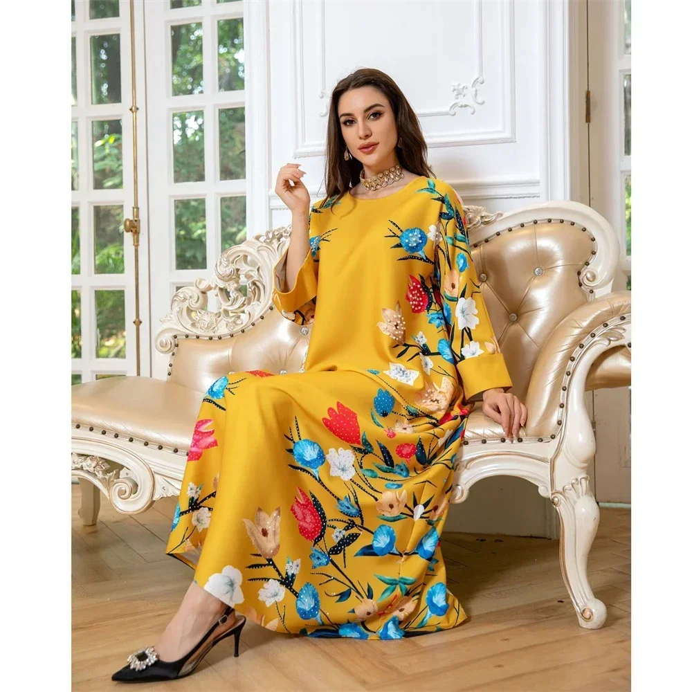 Eid Abaya per le donne Abiti lunghi con stampa floreale Diamanti Robe Ramadan Arabo Dubai Abito musulmano turco Caftano Marocain Femme Robe
