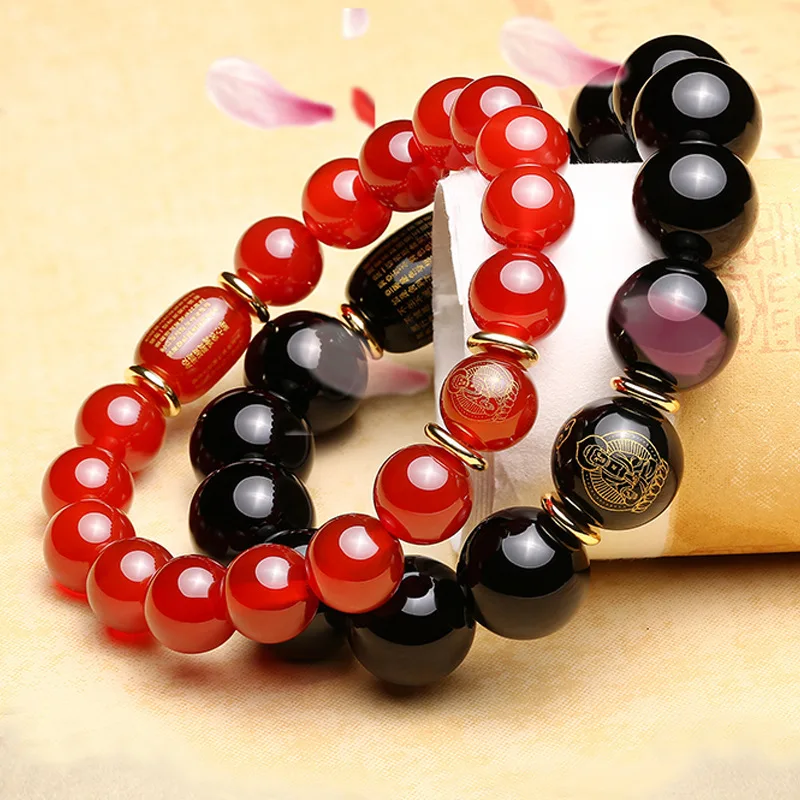 

UMQ Natural Red Agate Guanyin Heart Sutra Bracelet Zodiac Patron Amulet Obsidian Female Couple Recruit Wealth Hand String