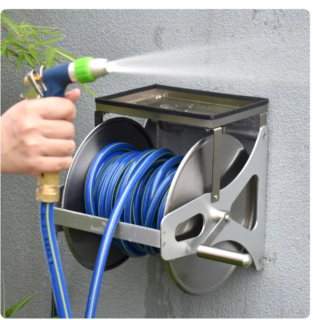 Wall-Mounted Stainless Steel Water Hose Cart Household Car Wash Watering Gun Set Metal Hose Storage Rack