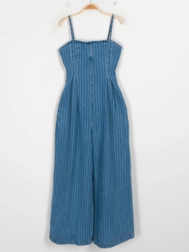 Denim Striped Print Sleeveless Slip Jumpsuit Women Wide Leg Loose Pleated Ladies Trousers Korean Fashion Woman Overalls Pants