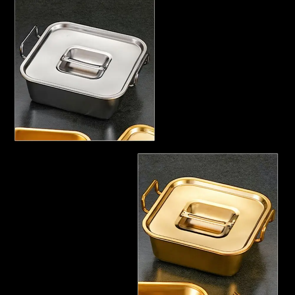 For Xingjiang Metal Square Tray Stainless Steel Gold Serving Plate With Lid Double Ears Design Food Container For Restaurant