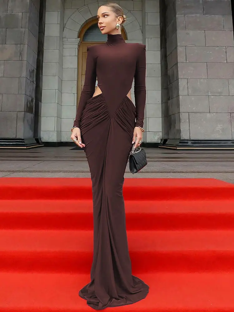 GACVGA Abito lungo sexy a maniche lunghe con collo alto da donna Elegante autunno inverno Abiti lunghi da festa aderenti con volant increspato