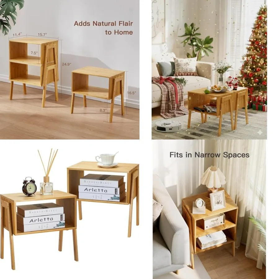 

Nightstands Set of 2, Bamboo Stackable Bedside Table, Night Stands with Storage Shelf, Small Bed Side Tables, 2-Tier End Table for Bedroom, Dorm and Small Space Storage (Natural)