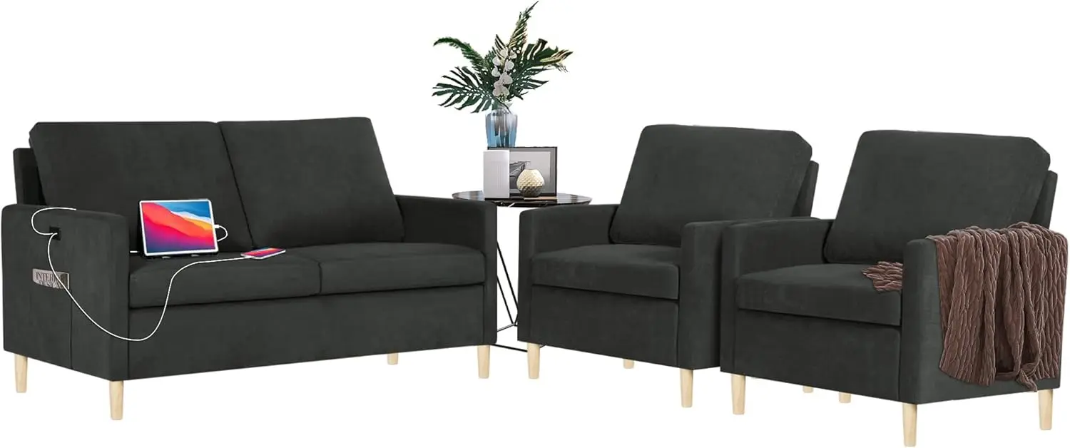 

TYBOATLE Modern Living Room Sectional Sofa Sets 3 Pieces, Loveseat Couch w/ 2 USB Charging Ports and 2 Comfy Accent Arm