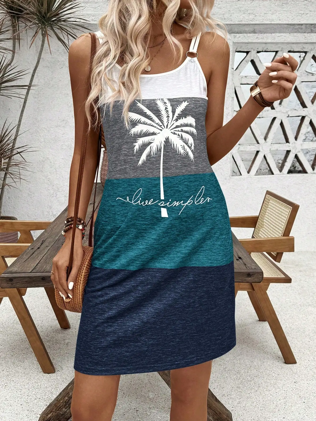 Color-Block Palm Tree Print Tank Dress with Circular Strap Detail, Beach Vacation Outfit