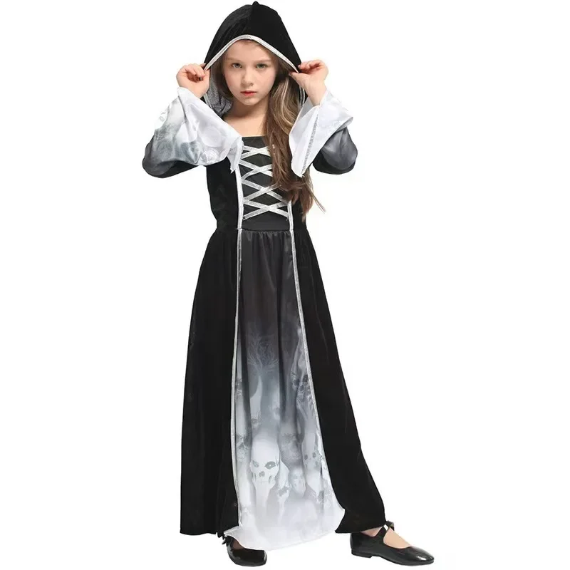 

Medieval Witch Costume for Girls Halloween Vintage LaceUp Collar Flared Sleeves Printed Long Dress Party Outfit