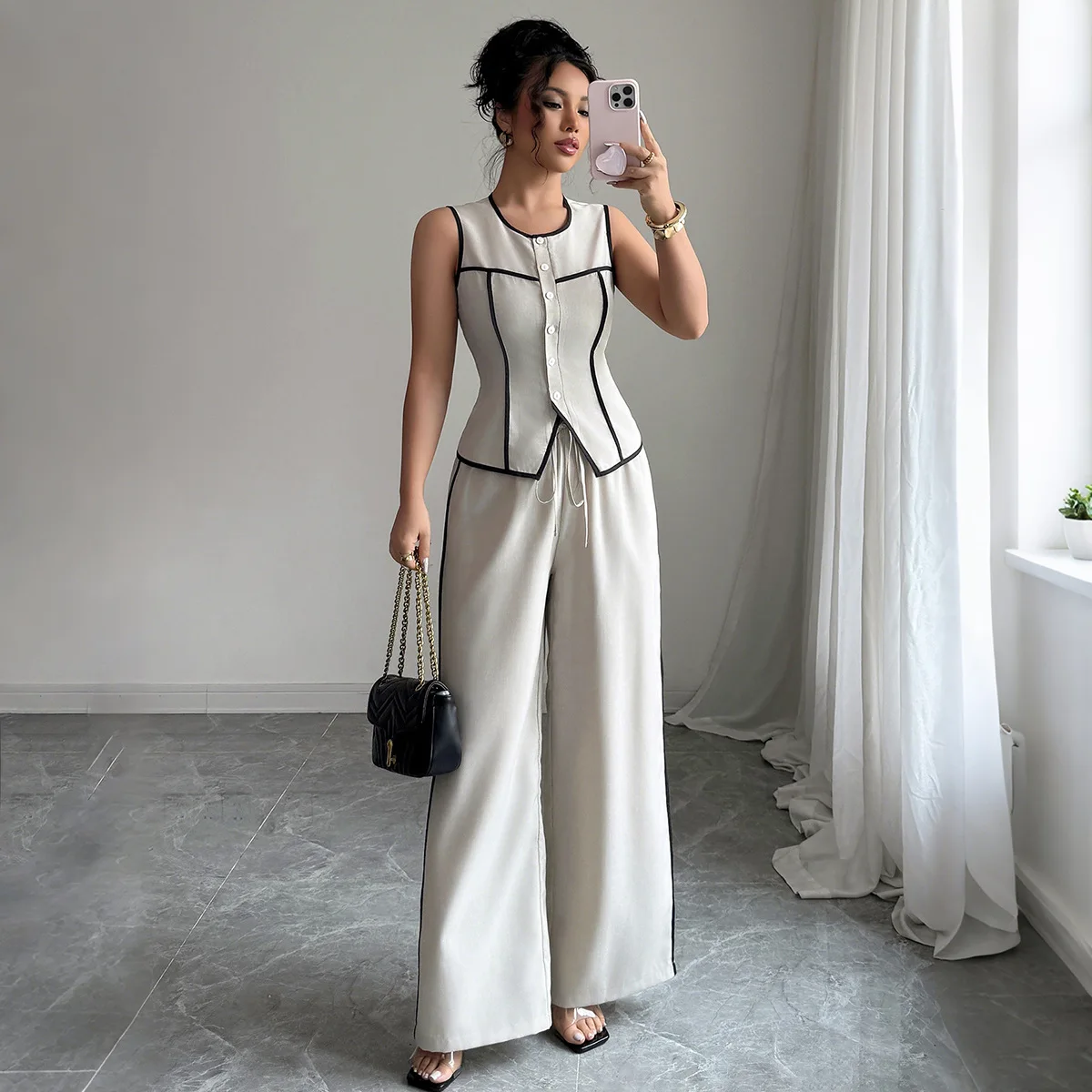

Pant Set Women Two Piece Sets Matching Sets Sleeveless Tops Wide Leg Long Pants Lace Up High Waist Y2k Streetwear Elegant