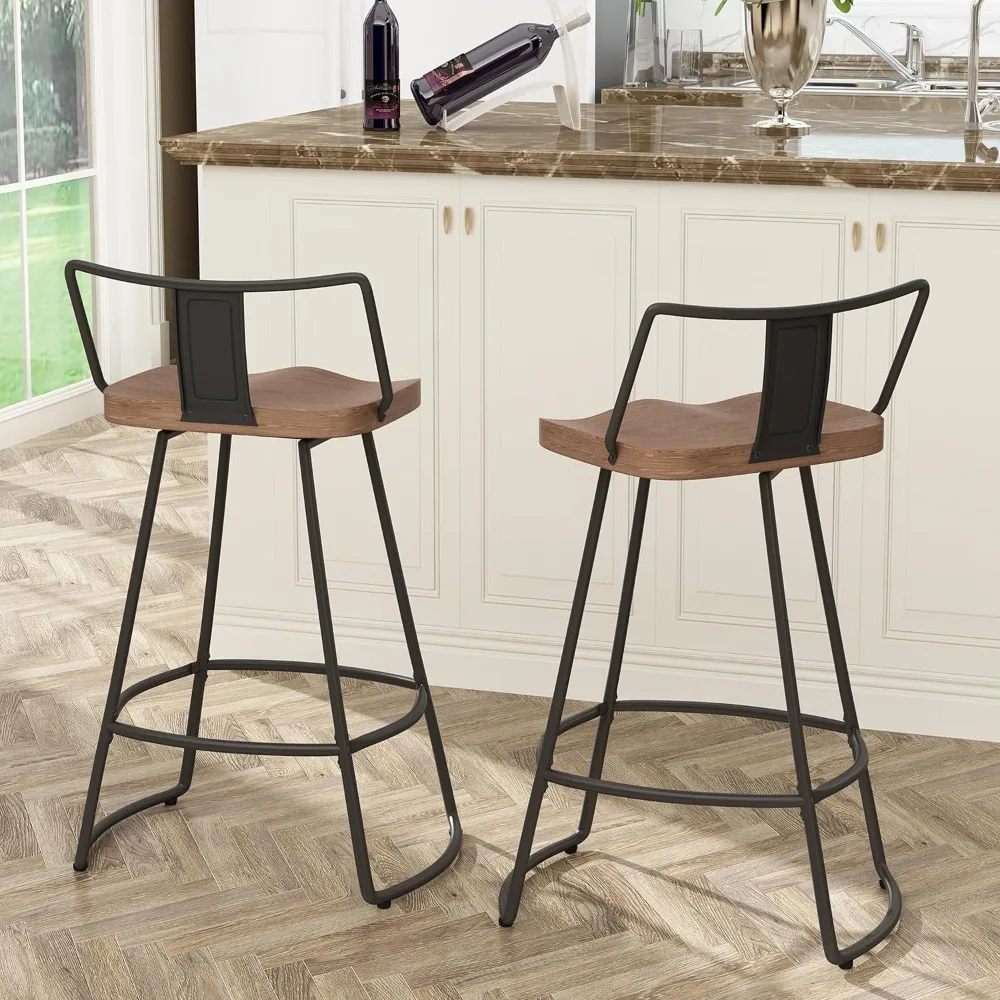 24 Swivel Bar Stools with Backs Set of 2 Metal Counter Height Bar Chairs with Wooden Seat Industrial Barstools Matte B