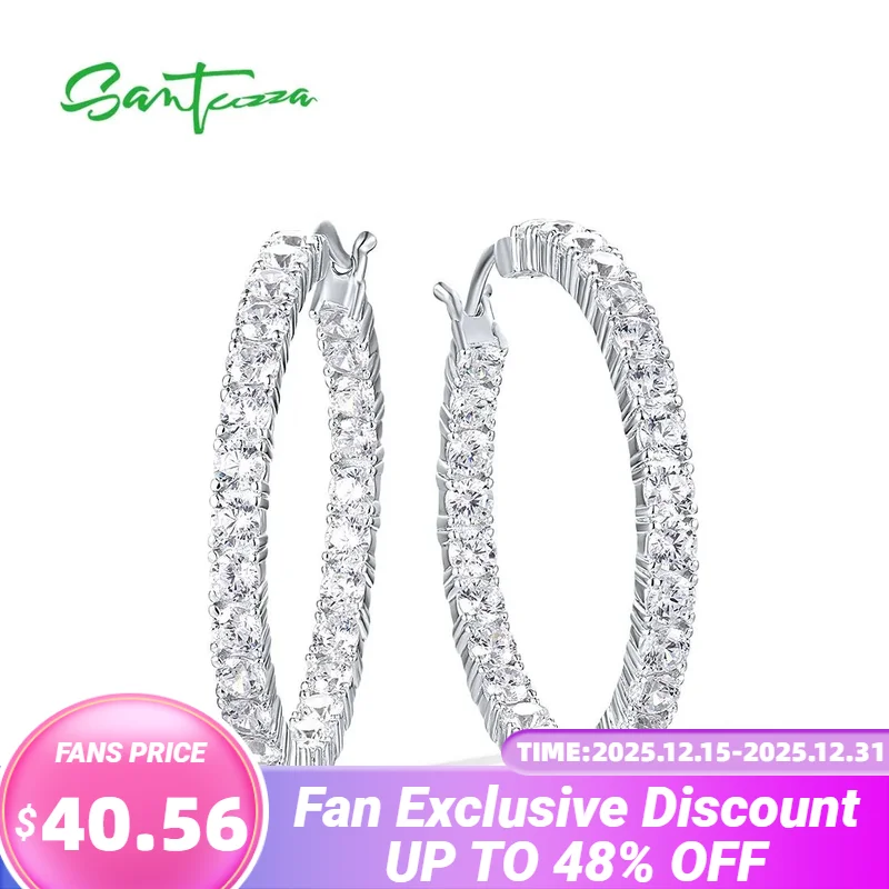 

SANTUZZA Real 925 Sterling Silver Hoop Earrings For Women Sparkling White CZ Glimmer Inter Outer Attractive Trendy Fine Jewelry