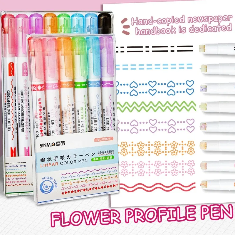 

6/8pcs Color Linear Color Pen Creative Student DIY Painting Hand Account Flower Contour Pen Quick-drying Double Head Curve Pen