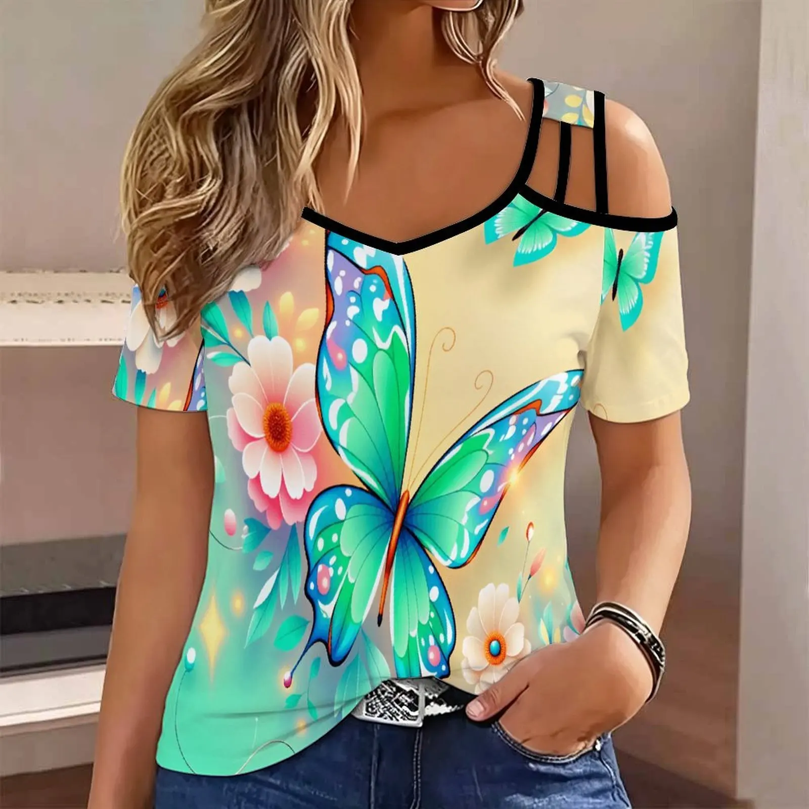 Plus Size Summer Female Fashion Slim V Neck Cold Shoulder Top Retro Elegance Print Women’s T Shirt Everyday Commuting Clothing