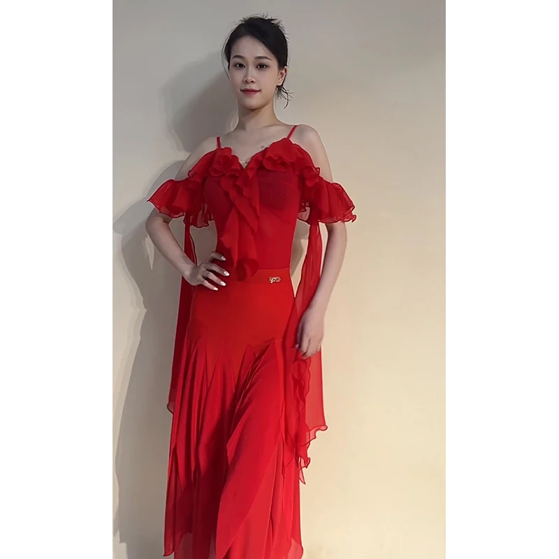 Red Ballroom Dance Clothes Off Shoulder Ruffled Tops Long Skirt Waltz Dance Dress Performance Costume Latin Competition Dress - Image 4