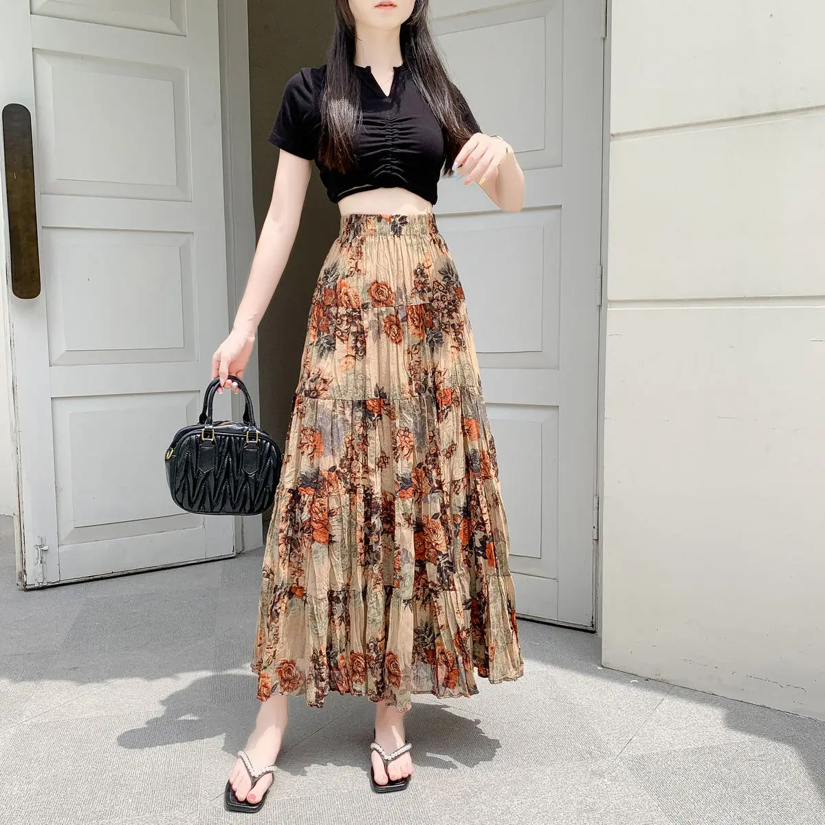 

Retro Chiffon ink Printed Floral Skirt, Spring Summer New High Waist A-line Long Skirt, Vacation Bohemia cake Skirts,2024 New