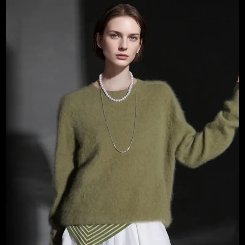 Nuevo suéter de punto de otoño invierno para mujer, cuello redondo, cepillado, suelto, a la moda, muy cálido, Top de cachemira de visón 100% de gama alta