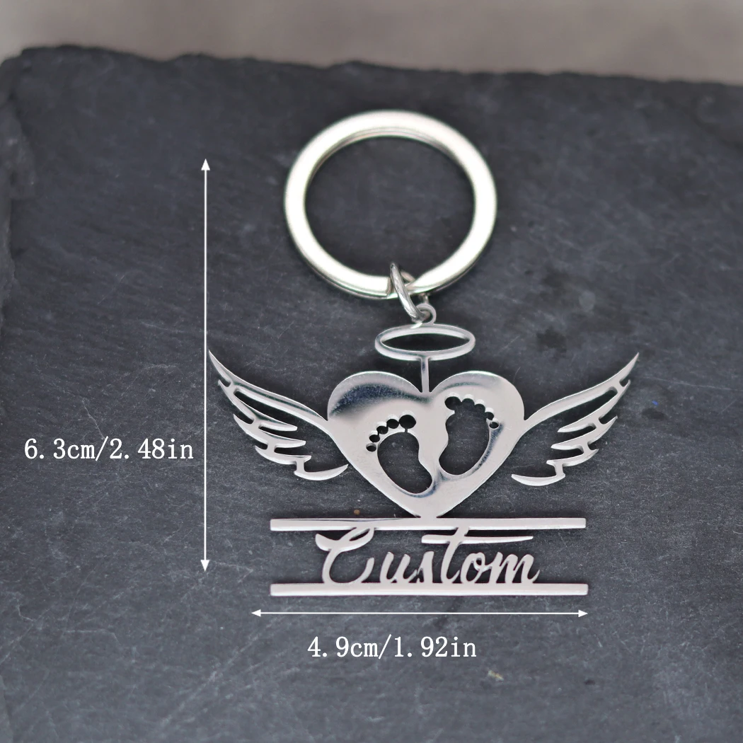 Wings of Love with Footprints Personalized Pendant Custom Engrave Name Keychain Men Women Keyring Gift Stainless Steel Jewelry