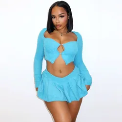 Autumn Winter Velour Two Piece Set for Women Party Night Club Outfits Y2K Clothing Long Sleeve Crop Top and Mini Skirt Sets