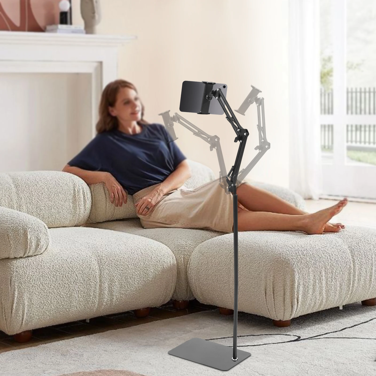 360 °   Drehbarer Bodenständer mit langem Arm, höhenverstellbare Metallhalterung, kompatibel mit 4-13 Zoll iPad und Android Tablets, flexible Schwanenhalsbasis, ideale Schlafzimmer- und Sofa-Begleiter