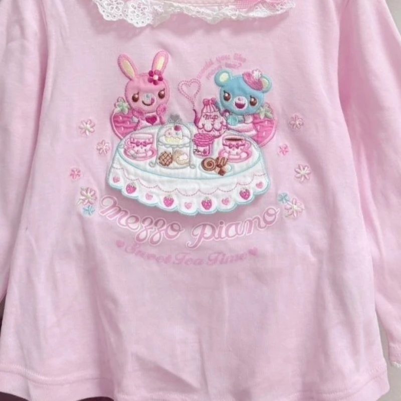 اليابانية الكرتون تي شيرت مطرز المرأة الحلو Y2k الجمالية الدانتيل المرقعة القمم الفتيات Harajuku الجرونج Kawaii لطيف القوس تيز #2