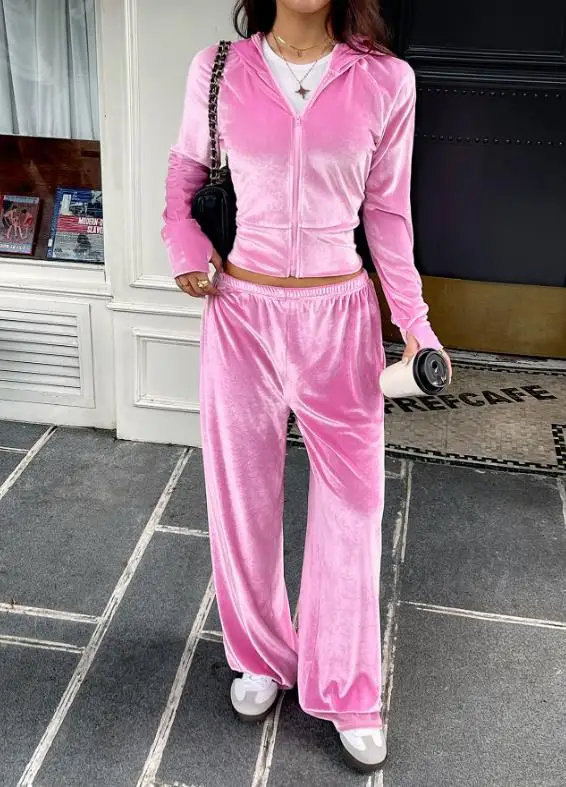 

Two Piece Set Women Outfit 2025 Spring Autumn New Solid Color Long Sleeve Crop Zipper Hooded Sweatshirt & Casual Pants Set