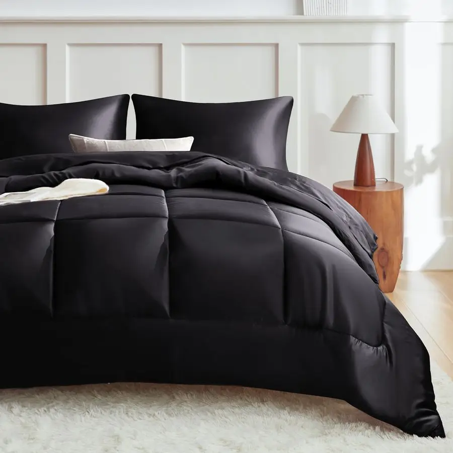 

Комплект постельного белья Queen Comforter Set Black, двусторонний комплект из сатинового микрофибрового одеяла для всех сезонов, 3 предмета, нескользящий, шелковисто-мягкий комплект постельного белья.