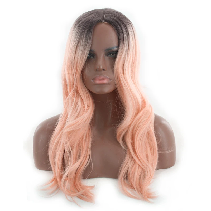 New style no-bangs for women, middle-parted long curly hair with lotus pink highlights, synthetic fiber full wig - view 6
