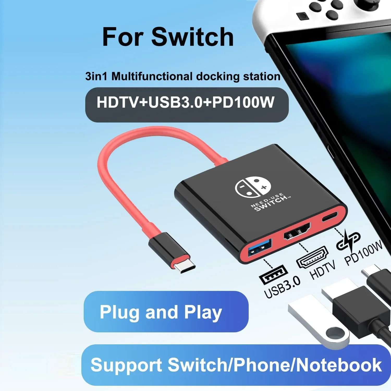 

3 IN 1 Portable for Nintendo Switch Docking Station TYPE-C Hub with HDMI and USB 3.0 Perfect for Travel and Gaming