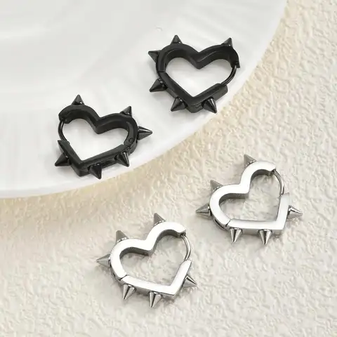 Creative Gothic Punk Rivet Heart Hoop Earrings, Stainless Steel Geometric Piercing Earrings, Unique Cool Jewelry for Party
