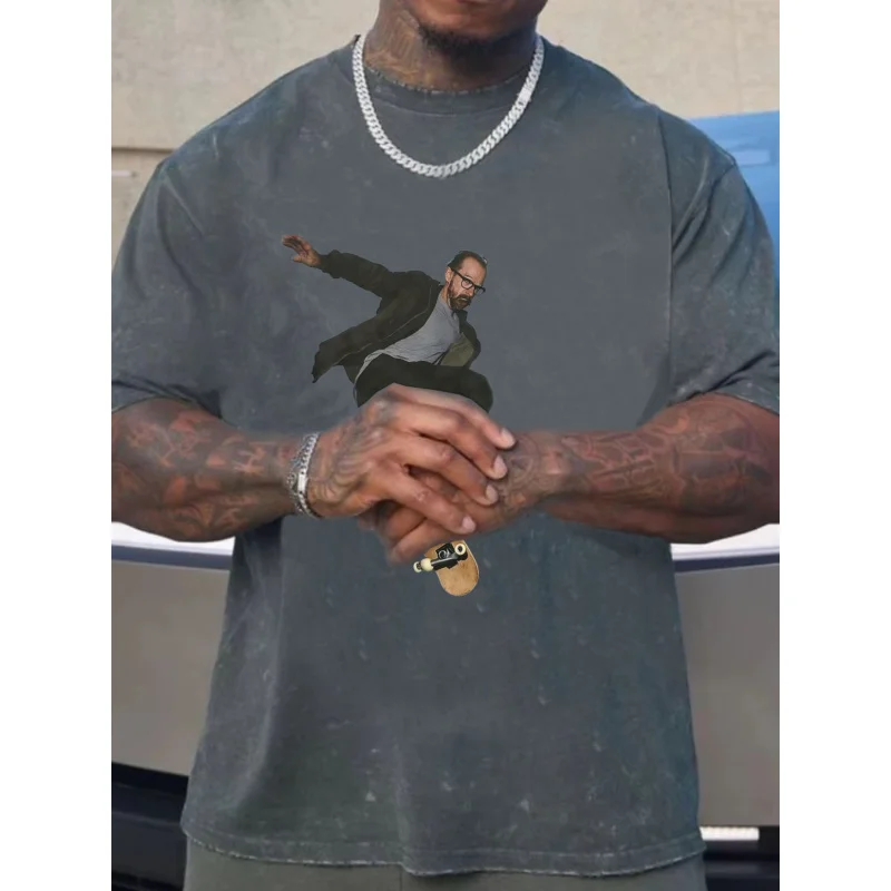 تي شيرت رجالي مغسول رمادي داكن طباعة جرافيك لوح التزلج جودة عالية 100% قطن 230 جرام