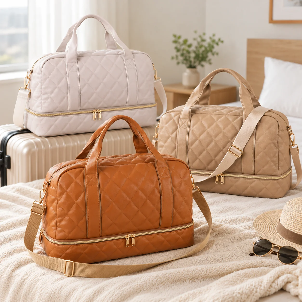 PU Leather Double Layer Travel Bag Large Capacity Weekender Duffle Bag with Removable Adjustable Shoulder Strap for Travel Gym