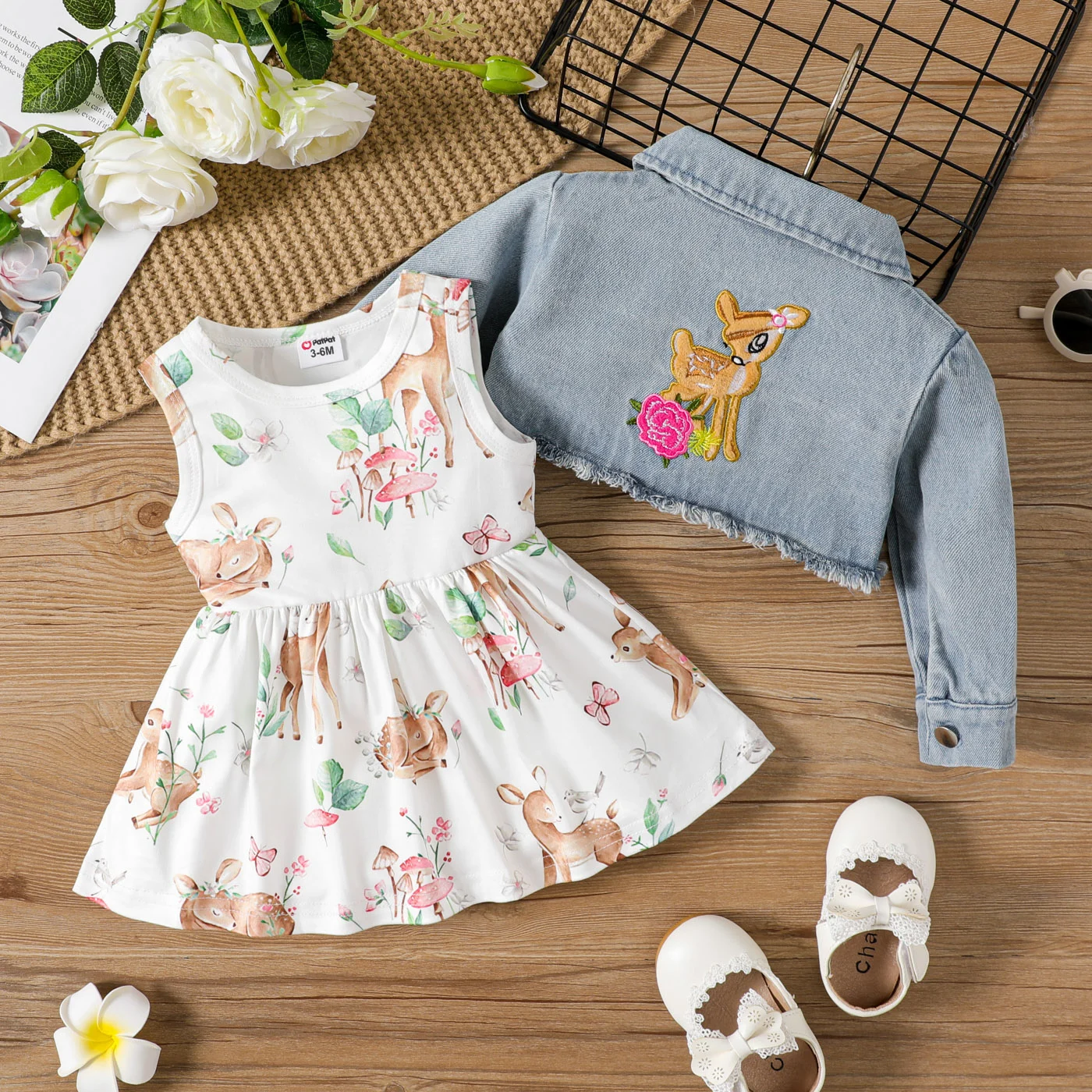 

PatPat 2pcs Baby Girl Allover Deer Print Tank Dress and Long-sleeve Raw Trim Denim Crop Jacket Set