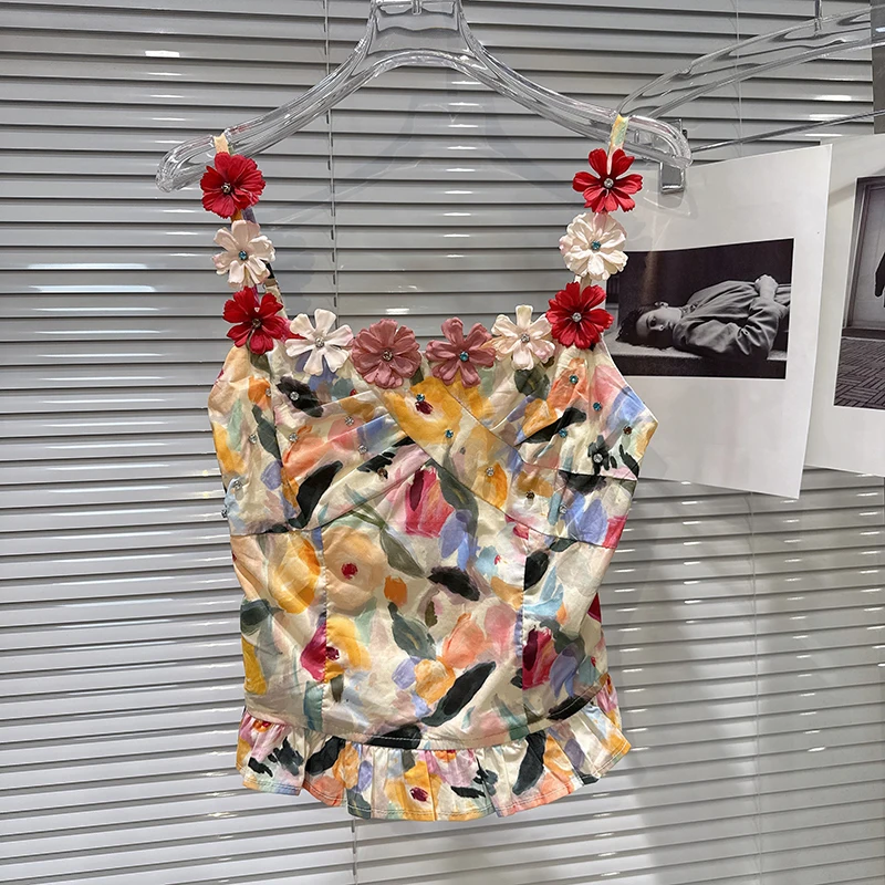 

Women Outwear Backless Tank Tops 2025 Summer New Vacation Style 3D Flower Painting Floral Pattern Fashion Camisole