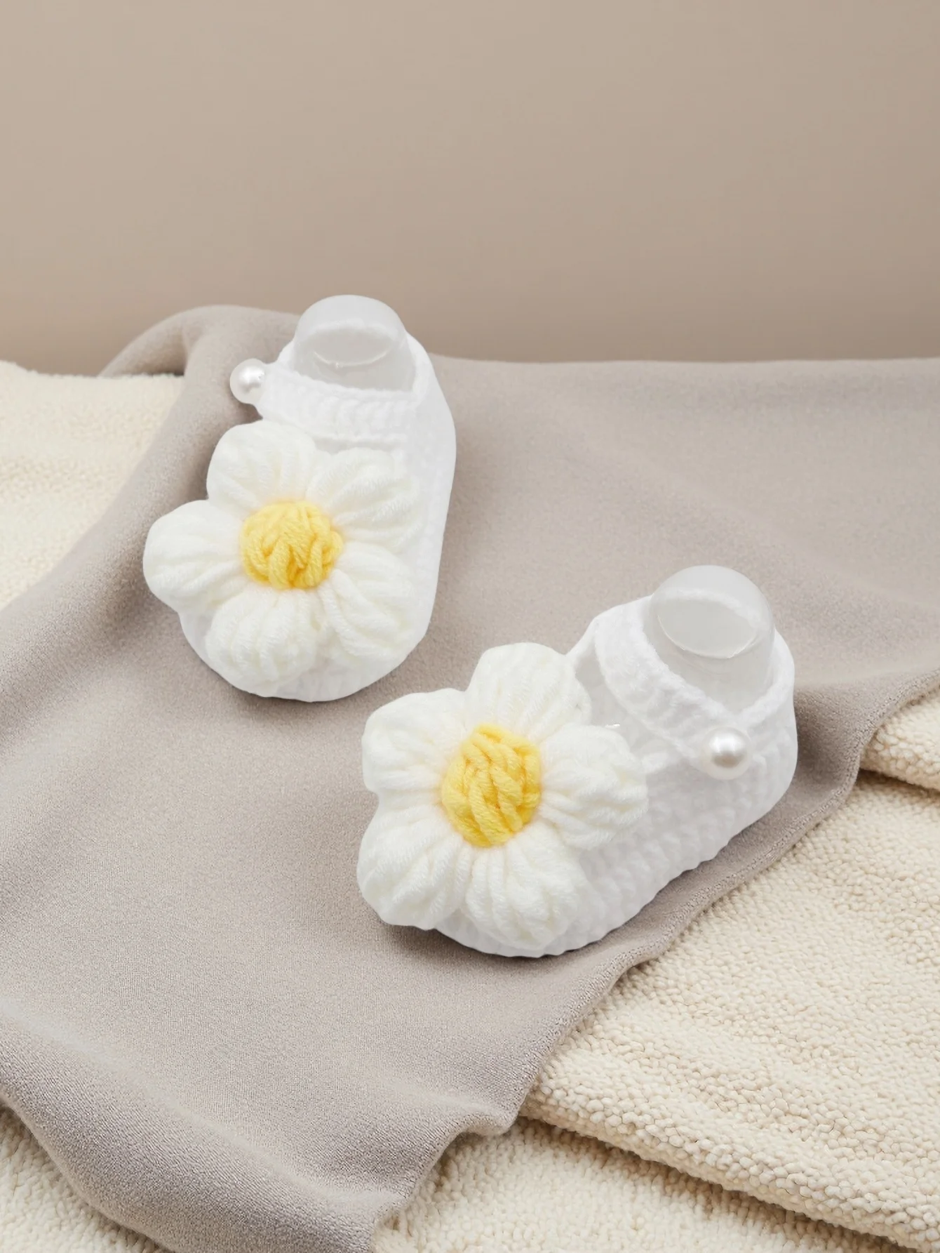 

1 Pair Baby Girls Mary Jane Booties, White Crochet Slippers with Button Closure, Infant Size