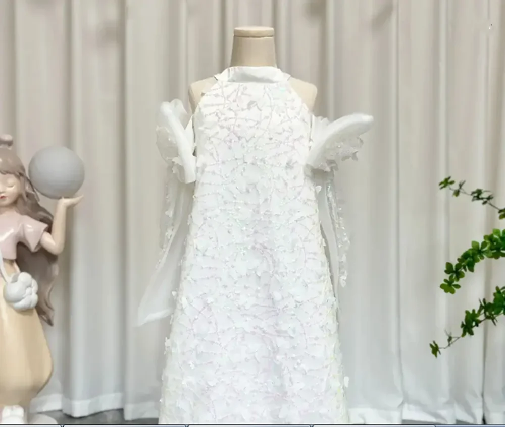 

Customized White Flower Girl Dresses For Wedding Sequins Butterflies Satin Off Shoulder Luxury Little Girl Birthday Party Gown