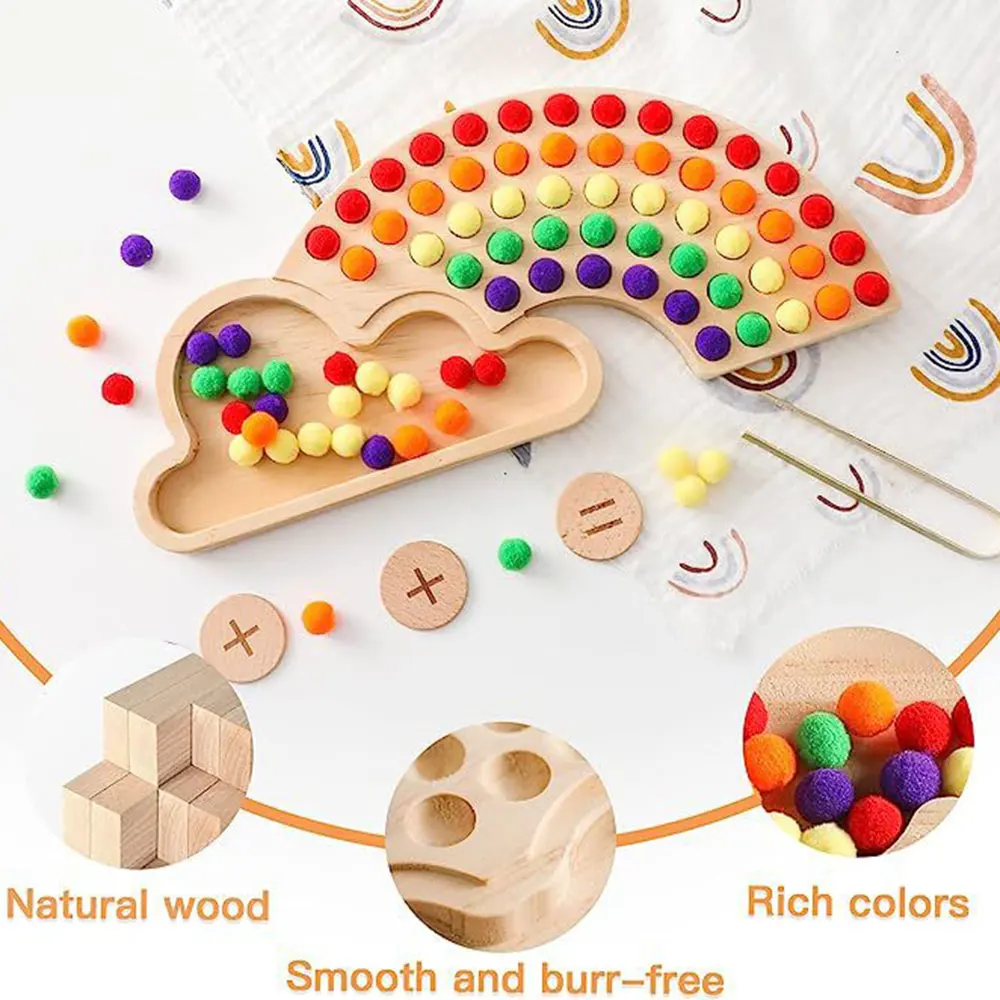 Counting Plush Pom Pom Balls Rainbow Color Sorting Toys Tweezers Fine Motor Skill Toys Baby Kids Early Montessori Education Toy