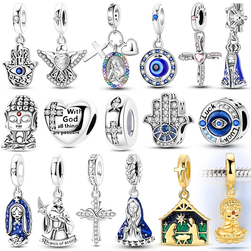 

925 Sterling Silver Charms Beads Christianity Cross Jesus Buddha Pendant Fit Original Bracelet Diy Woman Jewelry