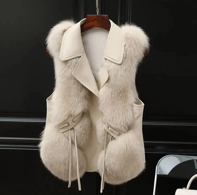 

Leather Vest Women's Short Coat Autumn and Winter New Splicing Imitation Wool Vest Fashionable
