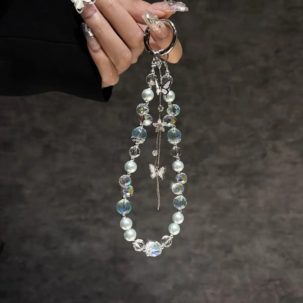 

Жемчужная блестящая цепочка для телефона с кристаллами, короткая анти-потерянная кисточка, ремешок для телефона в виде бабочки, легкая роскошная стильная сумка, подвески