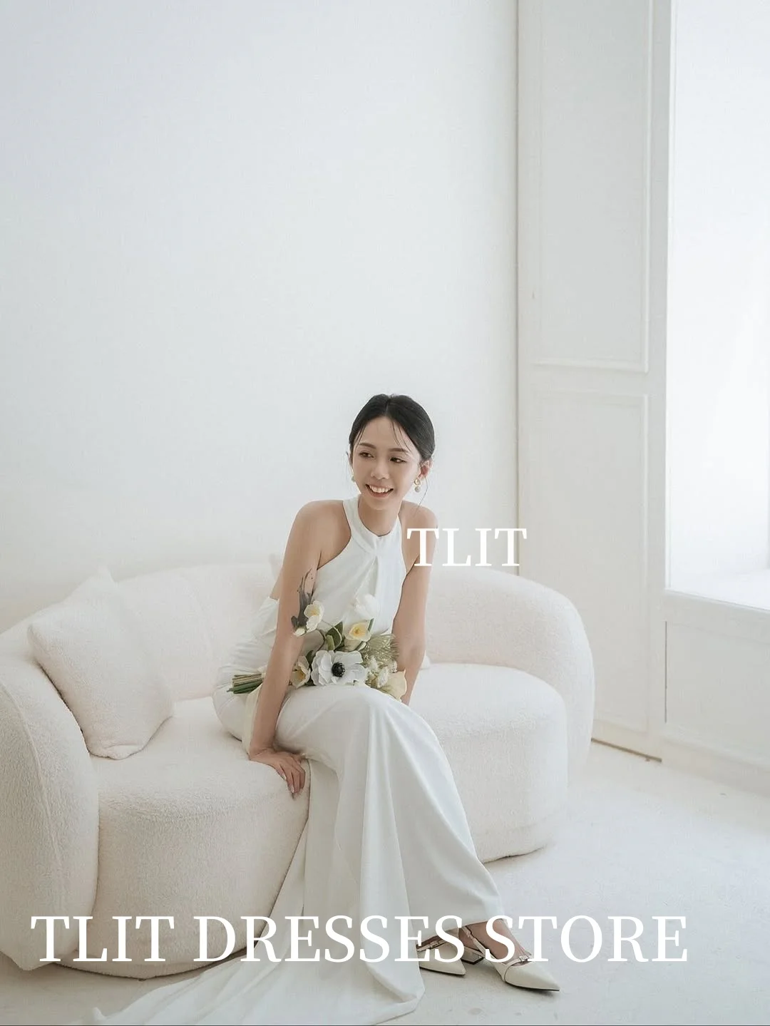 TLIT Elegant White Elastic Satin Evening Dresses Customized Halter Draped Mermaid Prom Gowns Korea Wedding Dress Photo shoot