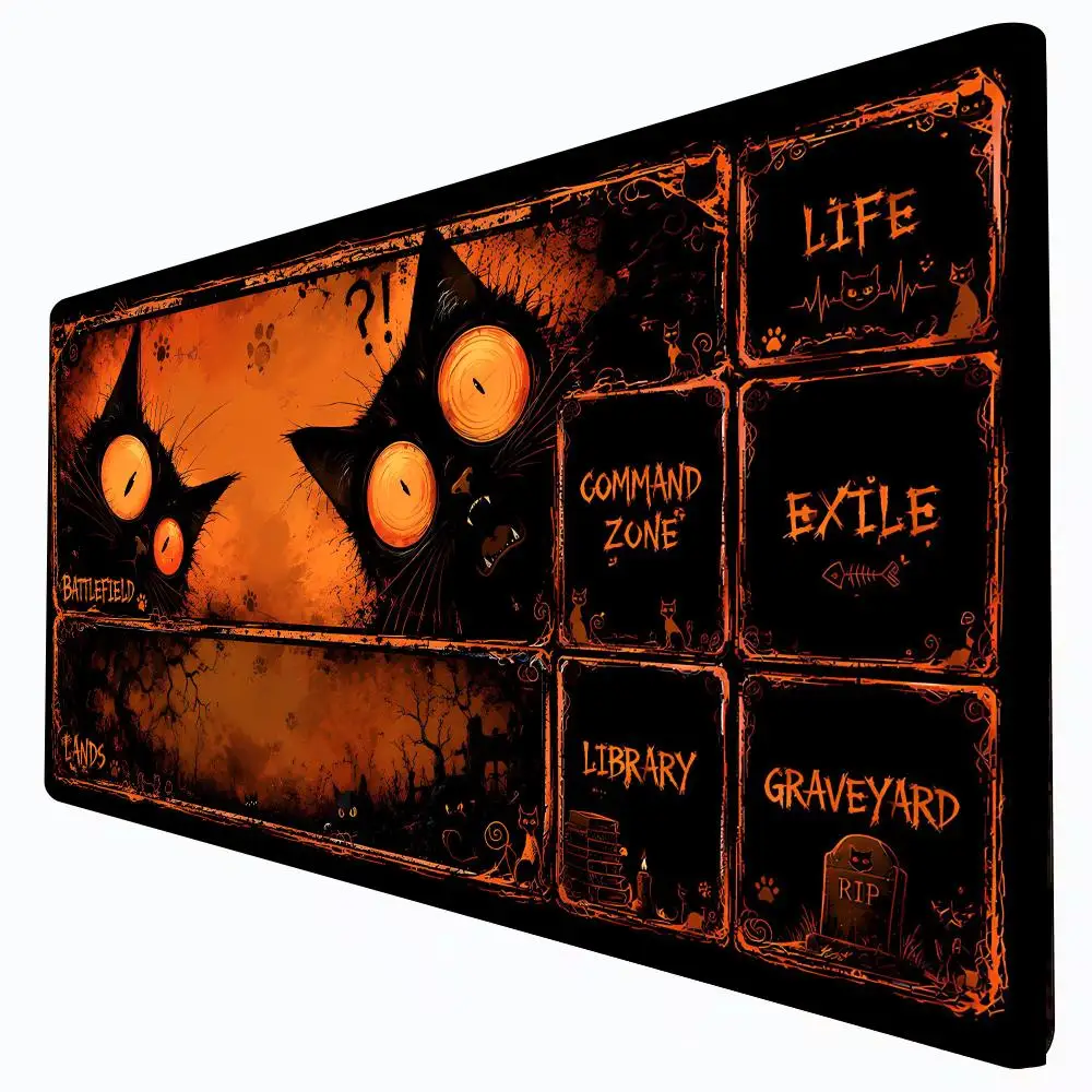 Spooky Surprised Black Cats MTG Playmat with Zones Trading Card Game Playmat Magic MTG TCG Play Mat Non-Slip Durable Card Mats