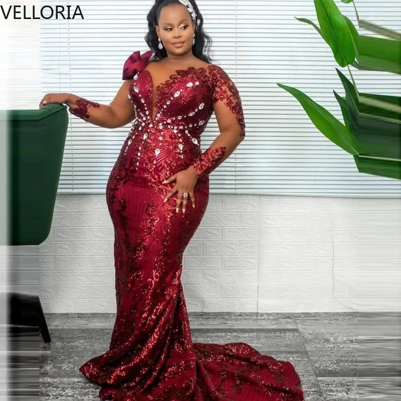 

Wine Red Sequin Mermaid Dress Beaded Long Sleeve Deep V-Neck Bodycon Luxury Formal Evening Gown Customized Aso Ebi