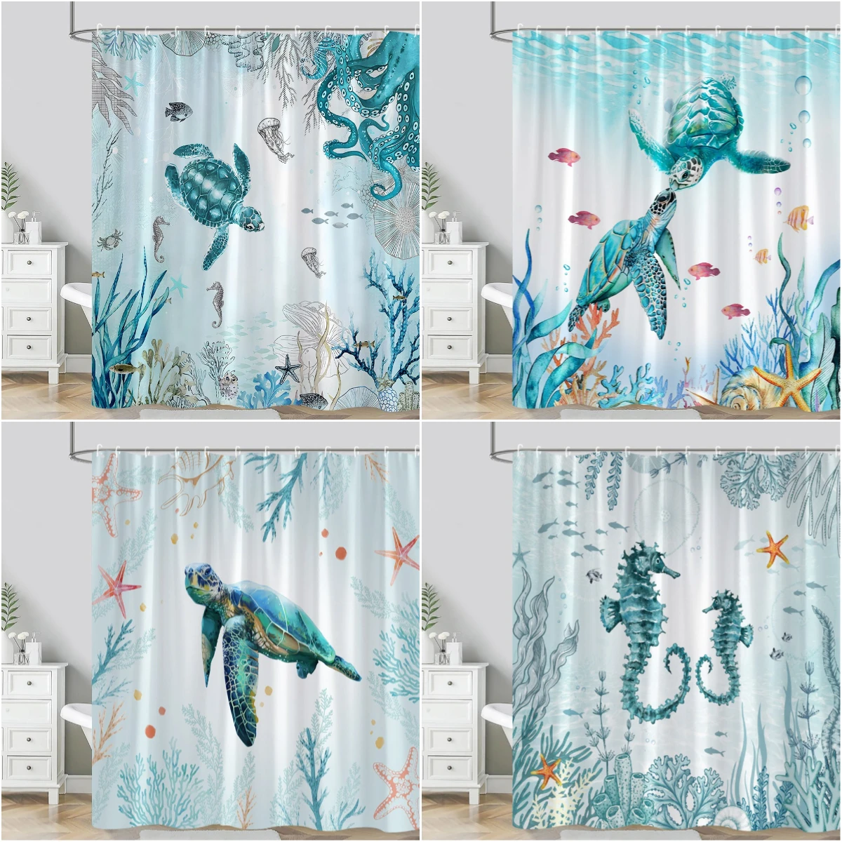 

Sea Turtle Shower Curtain Sea Animals Nautical Vintage Watercolor Octopus Seahorse Whale Kids Polyester Fabric Bathroom Decor