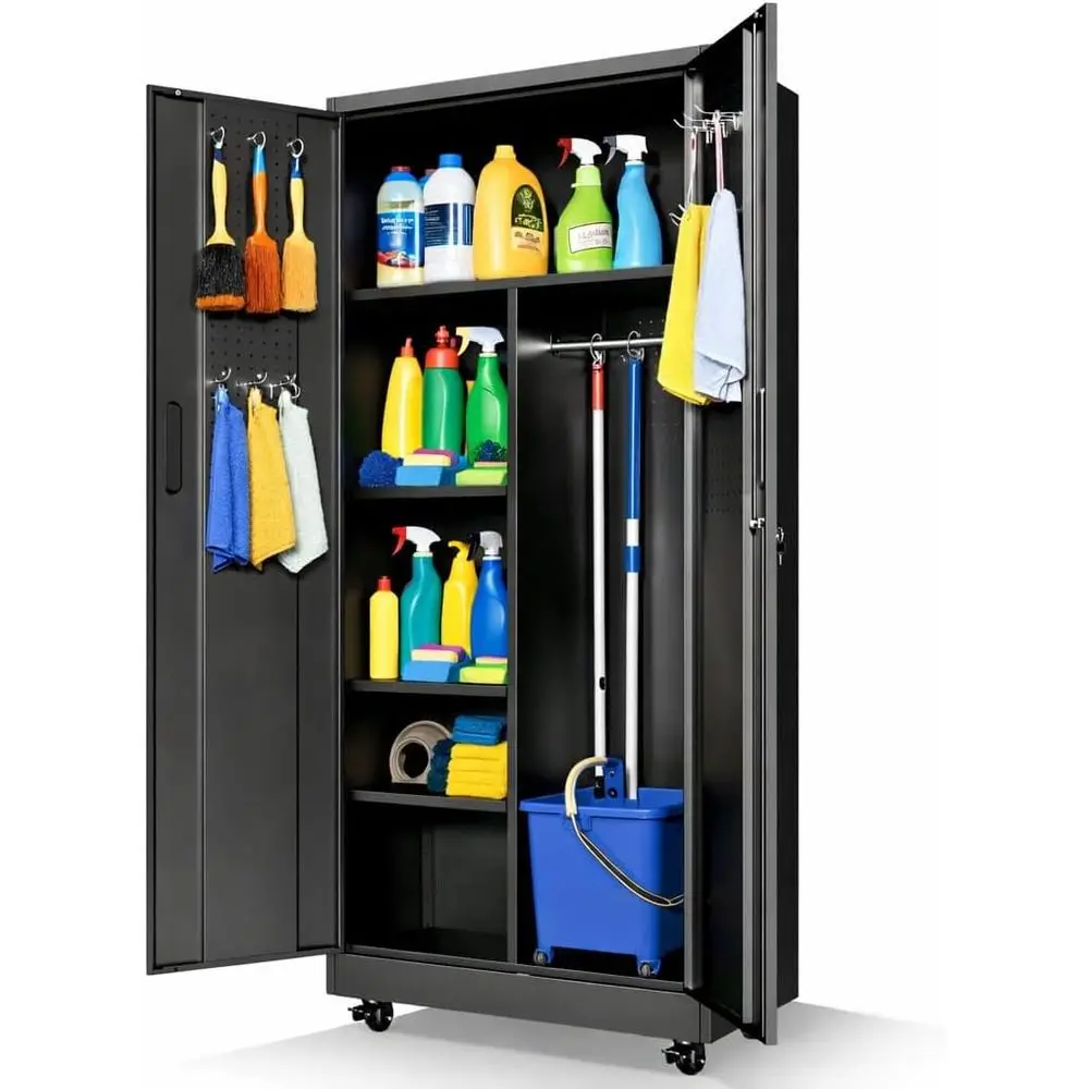 71-Inch Tall Black Metal Garage Storage Cabinet with Pegboard, Hanging Rod, and Rolling Tool Options for Utility Rooms