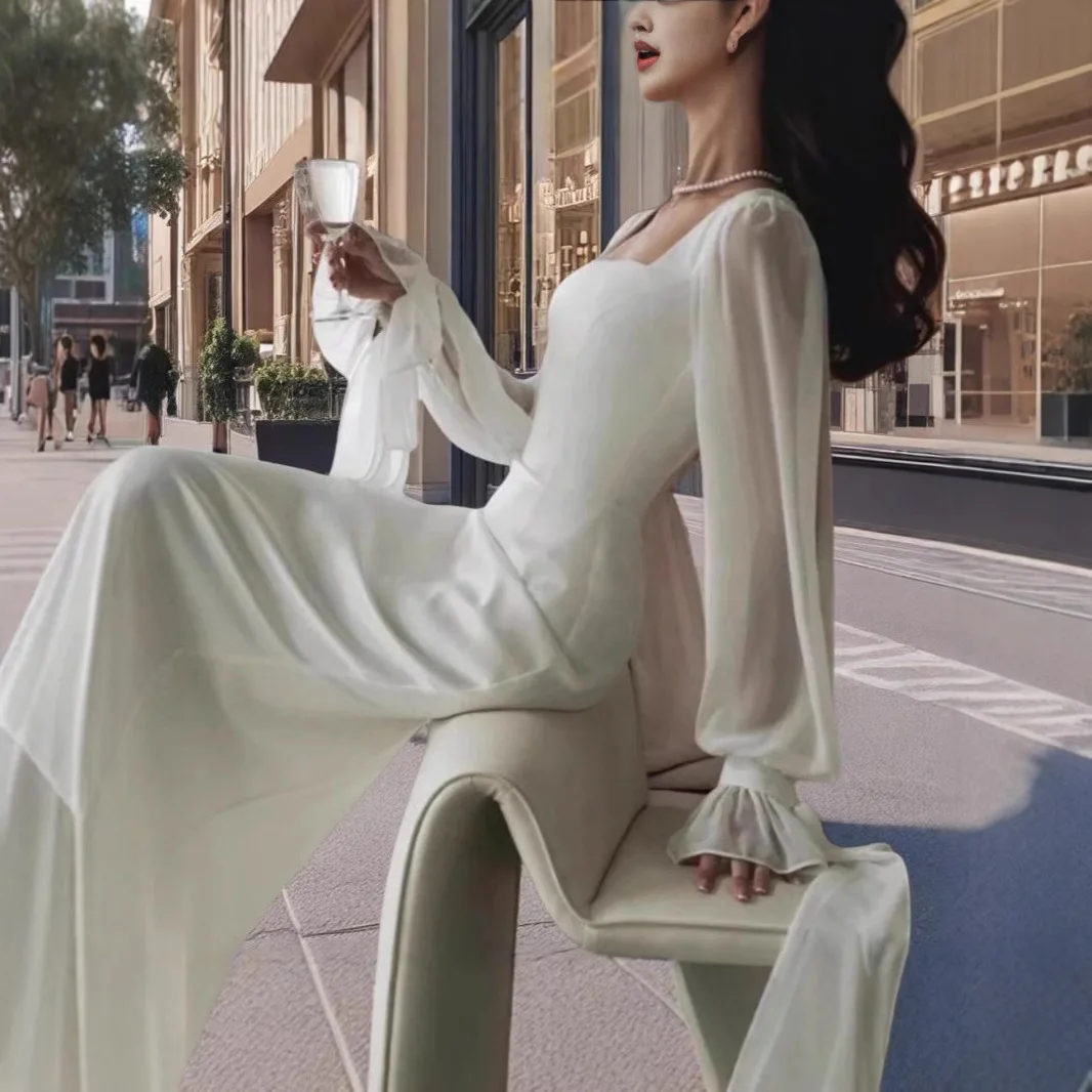 2025年新作 フレンチエレガント スクエアネック メッシュ シアー トランペットスリーブ ウエストシェイプ マーメイドドレス 特別な機会に