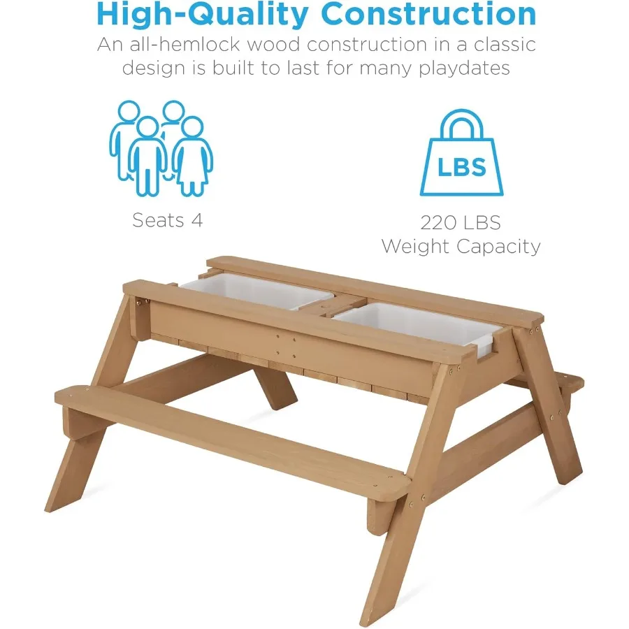 Tavolo da picnic convertibile per esterni in legno con sabbia e acqua 3in1 con ombrellone, 2 vassoi, piano rimovibile, capacità di 220 libbre per panca, blu scuro