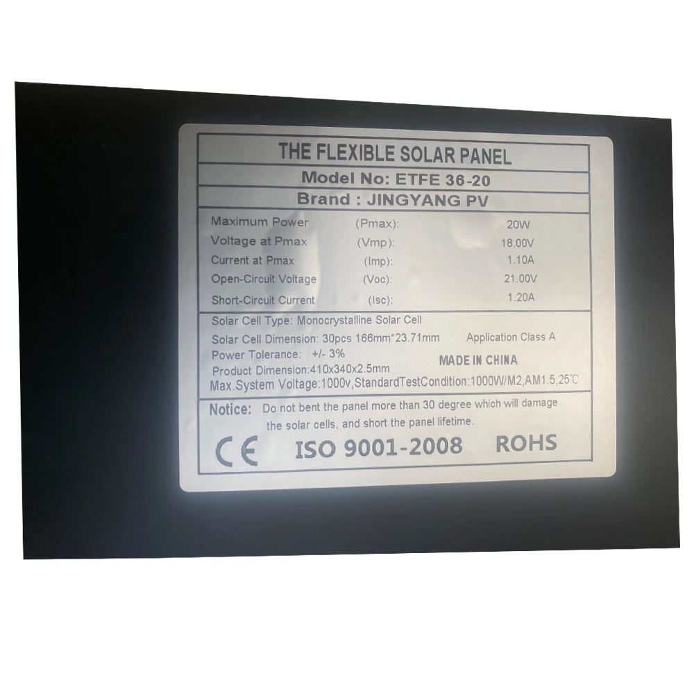 لوح طاقة شمسية مرن محمول ، طلاء بطلاء ETFE ، شاحن بطارية 12 فولت ، شحن هاتف للسيارة أو التخييم ، 20 واط ، 18 فولت
