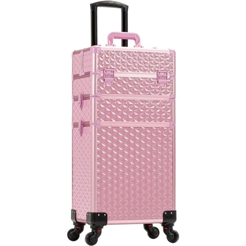 

3 in 1 Rolling Makeup Train Case with Keys Swivel Wheels Salon Barber Case Traveling Cart Trunk， Make Up Organizer